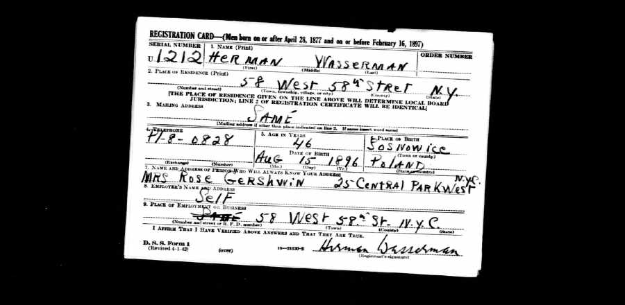 WWII draft registration for Herman Wasserman